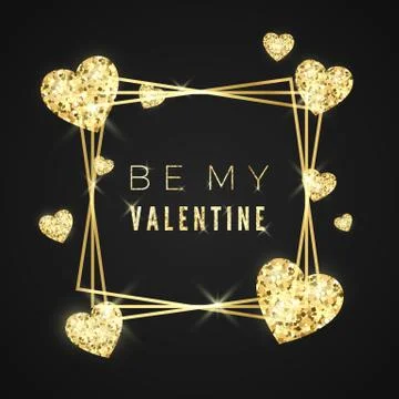 Happy Valentines day vector greeting card. Golden frame, heart and text on bl Stock Illustration