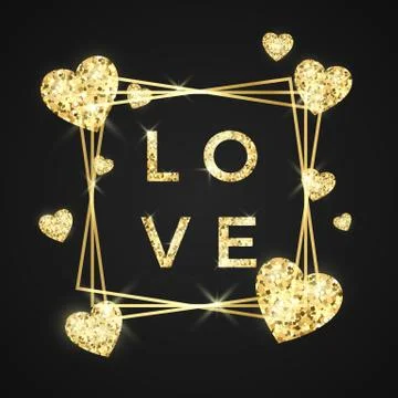Happy Valentines day vector greeting card. Golden frame, heart and text on bl Stock Illustration