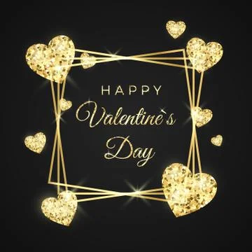 Happy Valentines day vector greeting card. Golden frame, heart and text on bl Stock Illustration