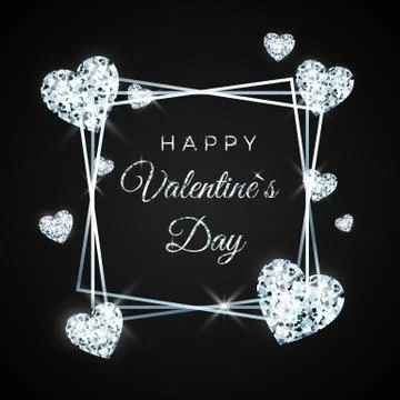 Happy Valentines day vector greeting card. Diamond heart and text on black ba Stock Illustration