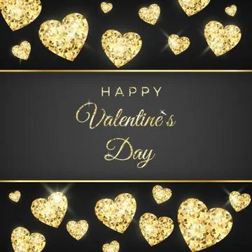 Happy Valentines day vector greeting card. Golden heart and text on black bac Stock Illustration