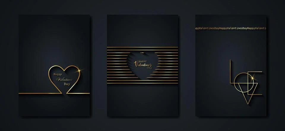 Happy Valentines day vector set greeting card. Gold heart on black background Illustrazione stock