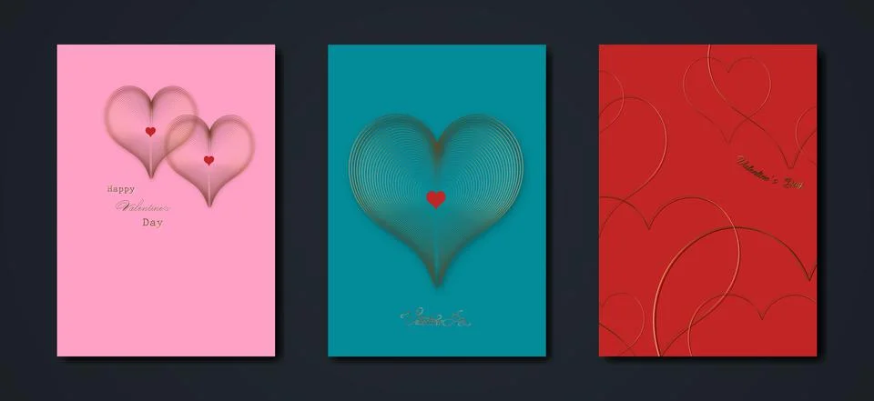 Happy Valentines day vector set greeting card. Gold heart on red, green, pink Illustrazione stock