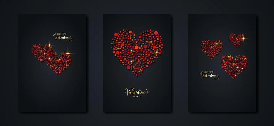 Happy Valentines day vector set greeting card. Red glitter hearts on black Stock Illustration