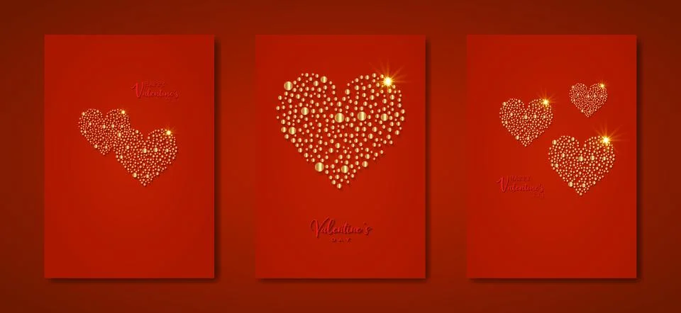 Happy Valentines day vector set red greeting card. Gold glitter dots hearts 스톡 일러스트
