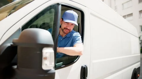 The Happy Van Delivery Man: Professional Employee Stock Footage 312900403
