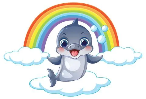 Happy Vector Dolphin Character Floating on Clouds Under a Bright Rainbow Stock Illustration