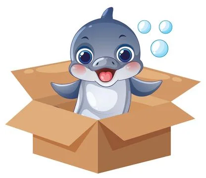Happy Vector Dolphin Character Sitting Inside an Open Cardboard Box Illustrazione stock
