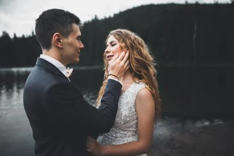 Happy wedding couple posing over beautiful landscape in the mountains Fotos Stock