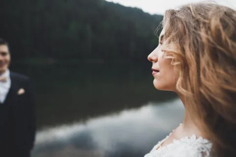 Happy wedding couple posing over beautiful landscape in the mountains Fotos Stock