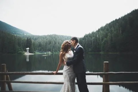 Happy wedding couple posing over beautiful landscape in the mountains Fotos Stock