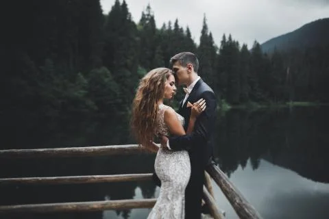 Happy wedding couple posing over beautiful landscape in the mountains Fotos Stock