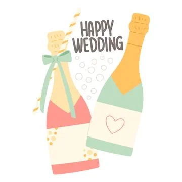 Happy wedding flat vector with champagne bottle Stock Illustration