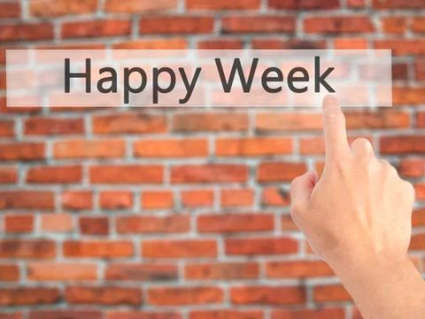 Happy Week - Hand pressing a button on blurred background concept on visual s Stock-Fotos