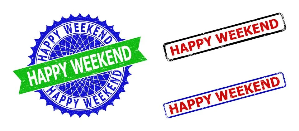 HAPPY WEEKEND Rosette and Rectangle Bicolor Watermarks with Unclean Textures Stock Illustration