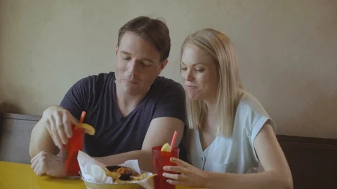 Happy White Couple Talking on Date 1 Stock Footage 92546463