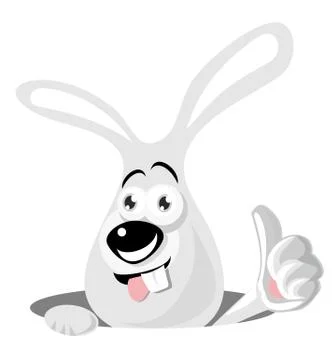 Happy white easter bunny ears and face.  Rabbit in hole shows OK. Vector flat Illustrazione stock