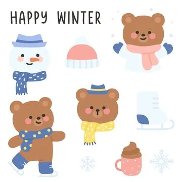 Happy Winter Bear Sticker Sheet with Ice Skating Stock-Illustration
