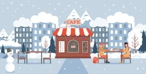 Happy winter holidays vector flat concept. Smiling man and woman in warm clothes Stock Illustration