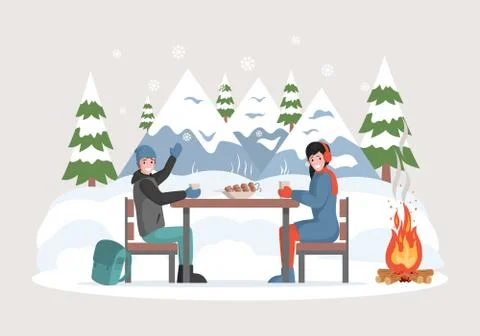 Happy winter holidays vector flat concept. Smiling man and woman in warm clothes Stock Illustration