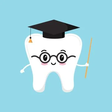 Happy wisdom tooth in glasses with pointer and black graduate hat. Stock Illustration