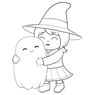 Happy witch with ghost, black and white coloring page, Halloween design Stock Illustration
