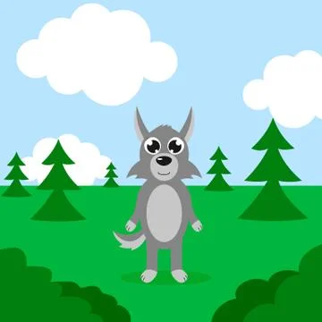 Happy wolf in a forest. Vector cartoon illustration. Isolated. Cute character Stock Illustration