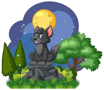 Happy Wolf Under Moonlight 스톡 일러스트