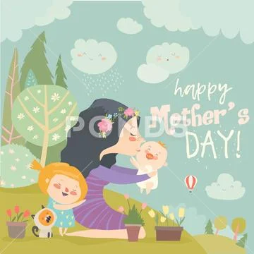 Happy woman and children in the blooming spring garden Stock Illustration