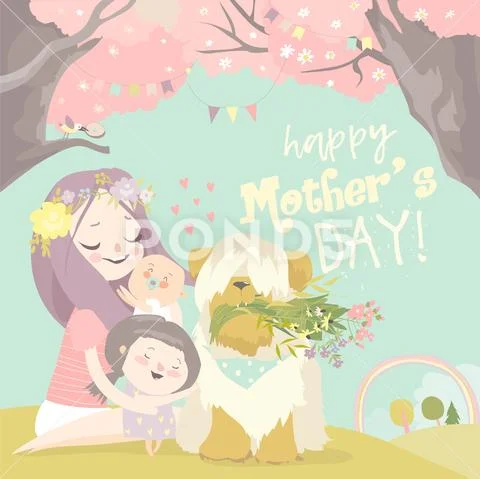 Happy woman and children in the blooming spring garden Stock Illustration
