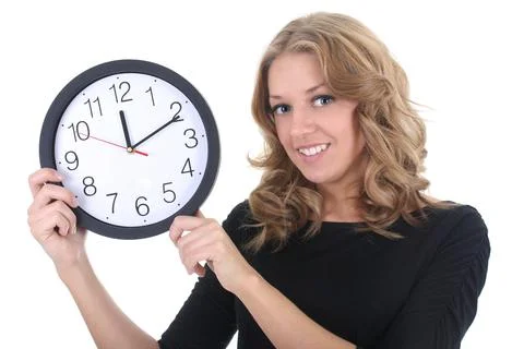 Happy woman in black with clock Stock Photos