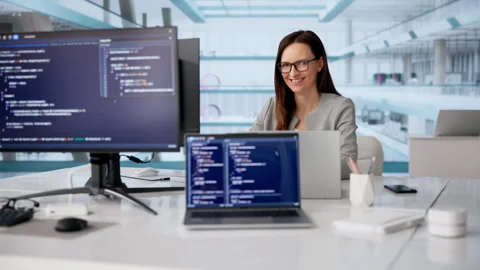 Happy Woman Coder Programming Software On Computer 動画素材 330253345