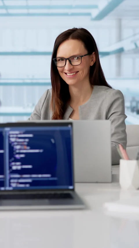 Happy Woman Coder Programming Software On Computer 動画素材 330254449