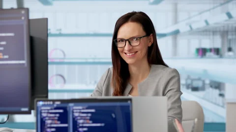Happy Woman Coder Programming Software On Computer 動画素材 330587899