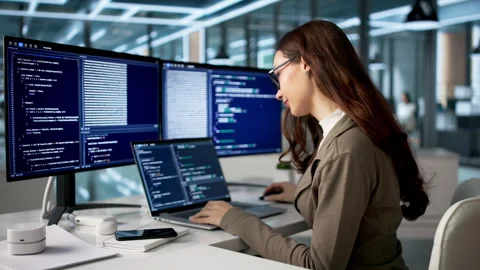 Happy Woman Coder Working On Software Programming 스톡 동영상 334927040