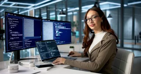 Happy Woman Coder Working On Software Programming At Her Laptop. 写真素材