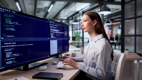 Happy Woman Coder Writing Software Code Stock Footage 334927718