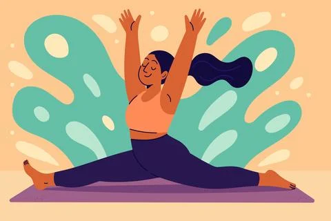 Happy woman doing front split pose on yoga mat with hands raised up Ilustración de archivo