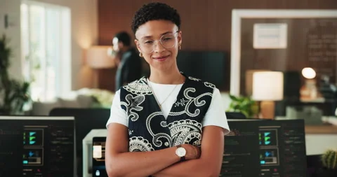 Happy woman, face and programmer with confidence for cybersecurity system or Stock Footage 330070175