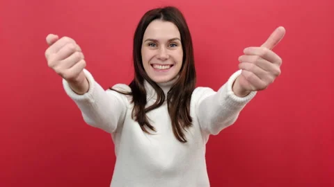 Happy woman giving free hugs with outstretched hands, inviting to embrace Stock Footage