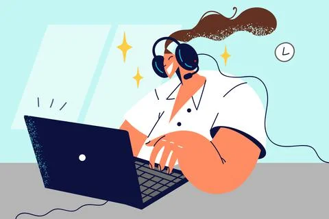 Happy woman in headset work on computer Illustrazione stock