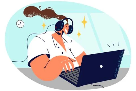 Happy woman in headset work on computer Illustrazione stock