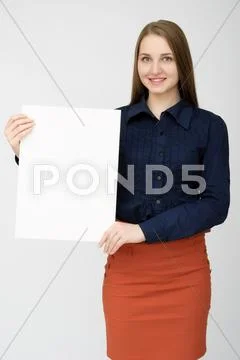 Happy woman holding white blank paper Stock Photos