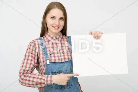 Happy woman holding white blank paper Stock Photos
