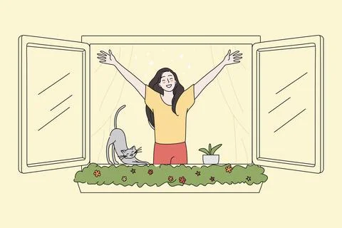 Happy woman look out of window breathing fresh air Stock Illustration