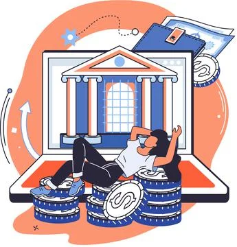 Happy woman lying on stack of dollar coins. Passive income interest on deposits Stockillustratie