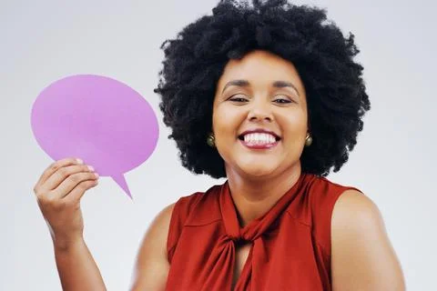 Happy woman, portrait smile and holding speech bubble for question, FAQ or Stock Photos