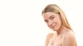 The happy woman posing on the white background 4k or 4k+ Resolution