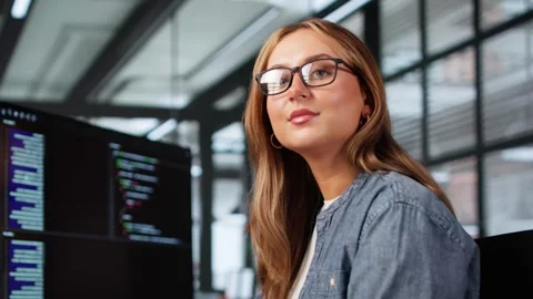 Happy Woman Programmer Working On Multiple Software Screens Stock Footage 312897851