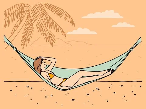 Happy woman relax in hammock on beach Stock Illustration